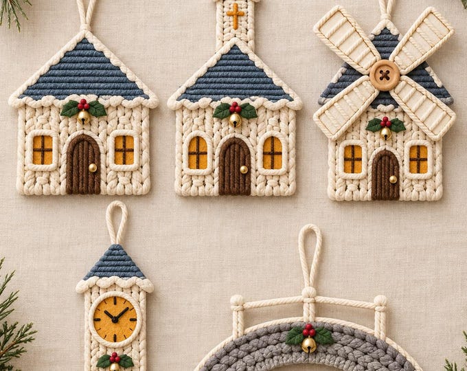 Christmas Village Macrame Patterns PDF, 5 in 1 Holiday House Ornaments, Church, Windmill, Clock Tower & Bridge DIY Decor
