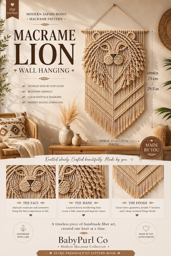 Macrame Lion Wall Hanging Pattern PDF, Lion Macrame Pattern, Safari Boho Wall Decor, DIY Macrame Tutorial, Nursery Wall Hanging Pattern