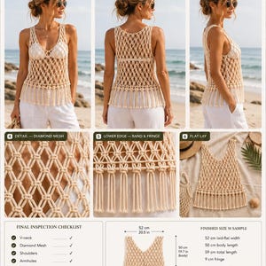 May include: A beige macrame mesh beach top featuring a V-neck, diamond-shaped knot pattern, and a fringed lower edge. The garment is shown in various views with a flat lay and includes measurements of 20.5 inches in width and 23.2 inches in total length.
