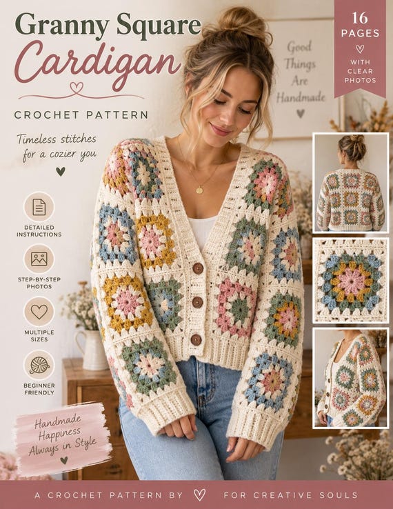 Granny Square Cardigan Crochet Pattern PDF, Crochet Cardigan Pattern, Granny Square Sweater, Women’s Crochet Pattern, Digital Download