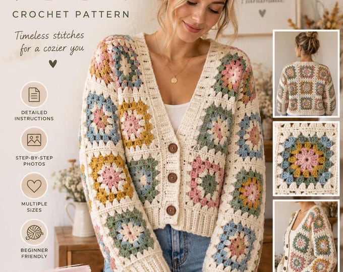 Granny Square Cardigan Crochet Pattern PDF, Crochet Cardigan Pattern, Granny Square Sweater, Women’s Crochet Pattern, Digital Download