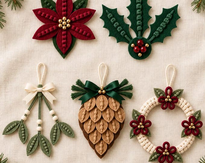 Christmas Macrame Ornament Patterns PDF, 5 in 1 Floral Christmas Decorations, DIY Holiday Ornaments, Poinsettia, Holly & Wreath