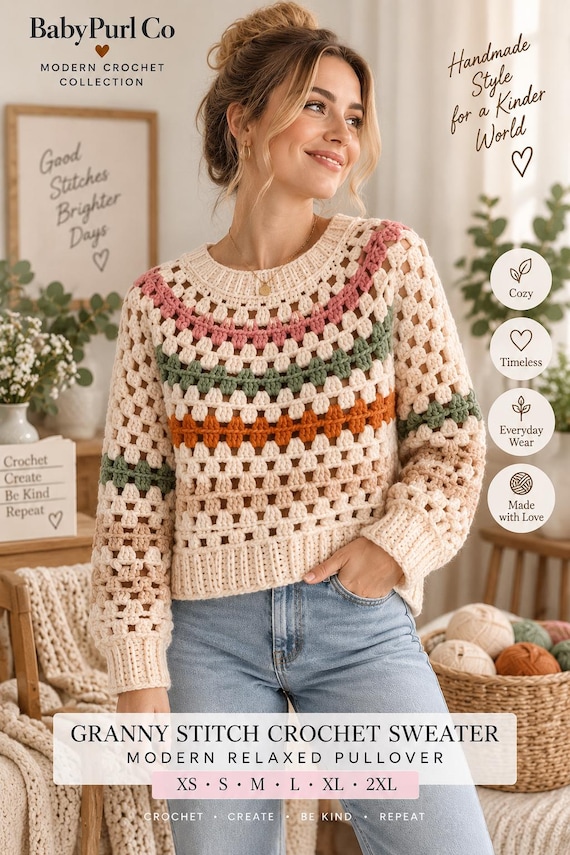 Granny Stitch Crochet Sweater Pattern, Women's Pullover Crochet Pattern, Top Down Raglan Sweater, Crochet Jumper PDF, XS-2XL