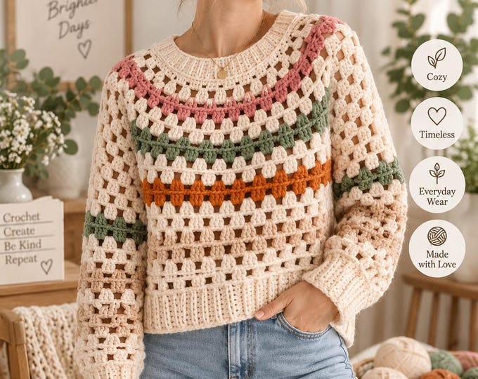 Granny Stitch Crochet Sweater Pattern, Women's Pullover Crochet Pattern, Top Down Raglan Sweater, Crochet Jumper PDF, XS-2XL