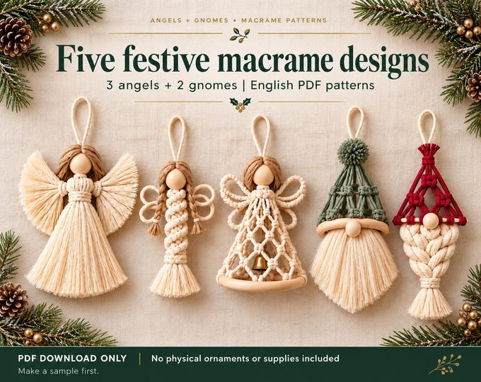 Macrame Christmas Ornament Patterns PDF Bundle, 3 Angels, 2 Gnomes (Digital Download)