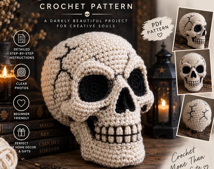 Gothic Skull Crochet Pattern PDF, Crochet Skull Amigurumi Pattern, Halloween Crochet Decor, Gothic Home Decor, Skull PDF Pattern