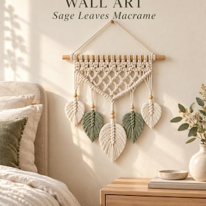 Patroon voor een macramé wanddecoratie met bladeren (PDF), tutorial voor botanische decoratie in saliegroen.