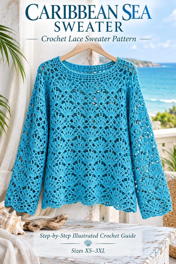 Caribbean Sea Crochet Sweater Pattern PDF, Lace Sweater Crochet Pattern, Women’s Summer Top, DIY Crochet Pullover, Digital Download