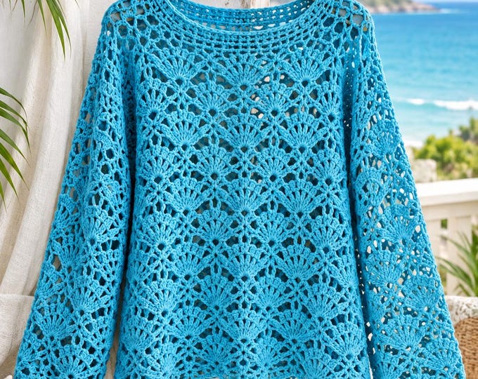 Caribbean Sea Crochet Sweater Pattern PDF, Lace Sweater Crochet Pattern, Women’s Summer Top, DIY Crochet Pullover, Digital Download