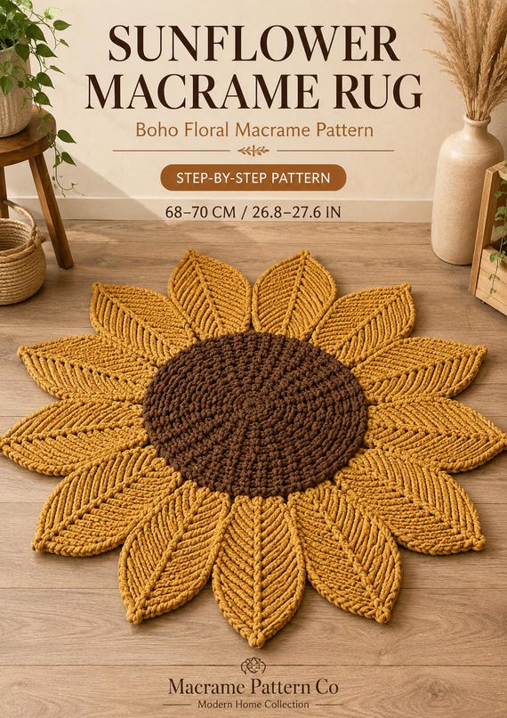 Sunflower Macrame Rug Pattern PDF, Flower Rug Macrame Pattern, Boho Home Decor, DIY Macrame Floor Mat, Digital Download
