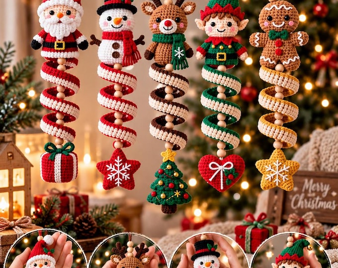 Crochet Christmas Spiral Ornaments Pattern, 5 in 1 Santa Reindeer Snowman Elf Gingerbread, Christmas Tree Hanging Decor PDF