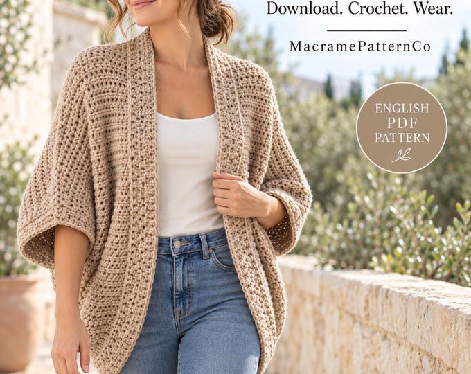 Easy Cocoon Cardigan Crochet Pattern PDF, Short Batwing Sleeve Shrug, 3 Sizes, English French German Russian