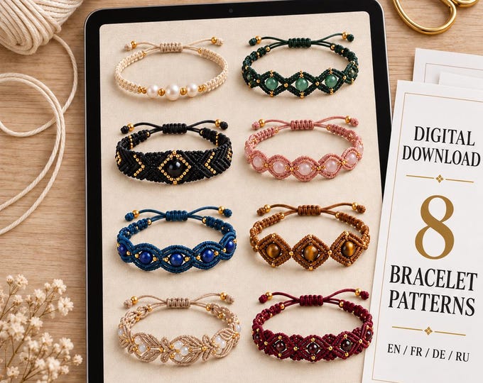 8 Beaded Macrame Bracelet Patterns PDF Bundle | Adjustable Jewelry DIY | Digital Download | En Fr De Ru