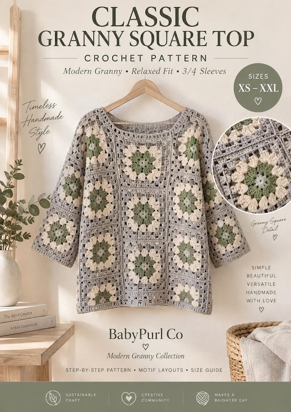 Classic Granny Square Top Crochet Pattern, Women Crochet Sweater PDF, Boho Crochet Top Pattern, Granny Square Pullover, XS-XXL