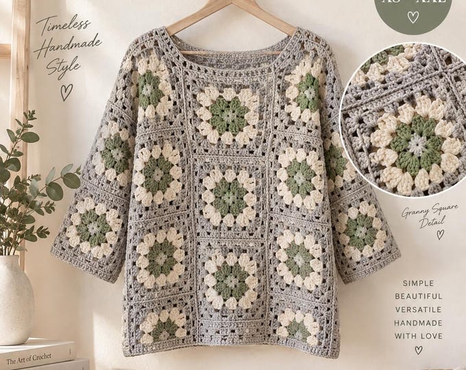 Classic Granny Square Top Crochet Pattern, Women Crochet Sweater PDF, Boho Crochet Top Pattern, Granny Square Pullover, XS-XXL