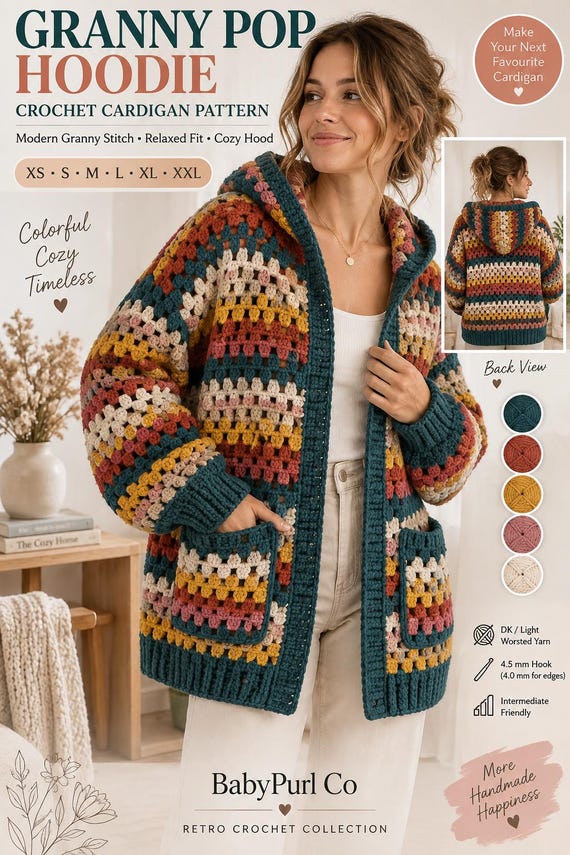Granny Pop Hoodie Crochet Pattern, Granny Stitch Cardigan PDF, Hooded Crochet Cardigan Pattern, Women Sweater XS-XXL