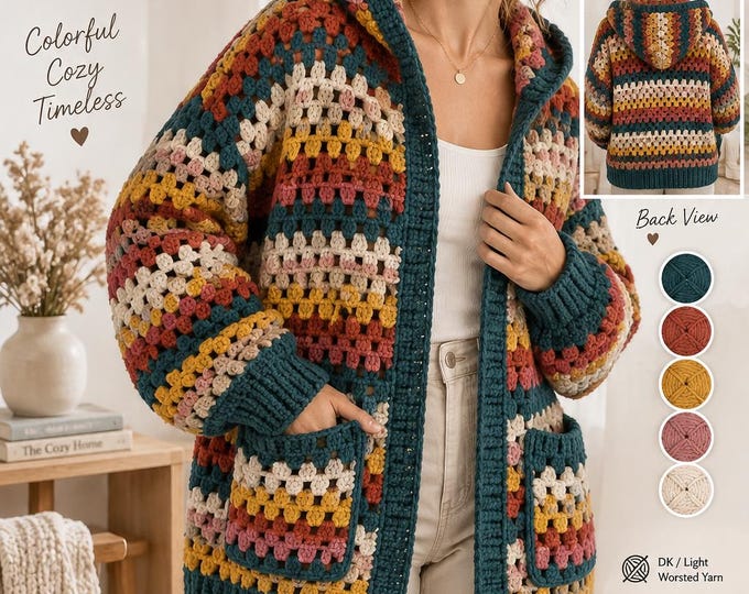 Granny Pop Hoodie Crochet Pattern, Granny Stitch Cardigan PDF, Hooded Crochet Cardigan Pattern, Women Sweater XS-XXL