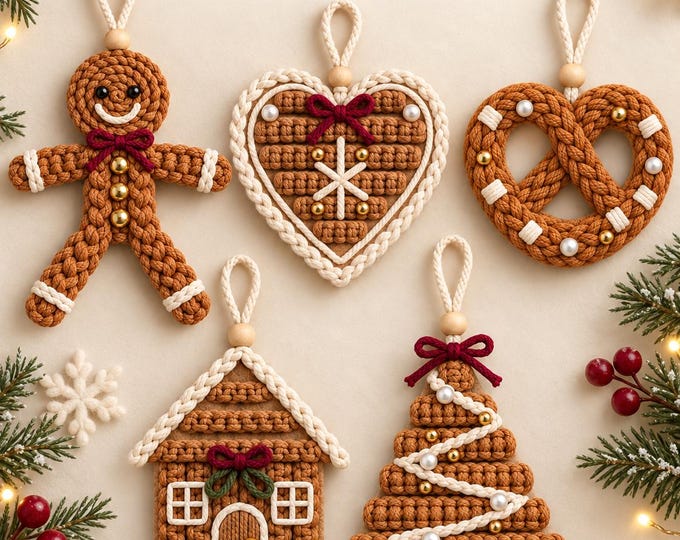 Christmas Macrame Ornament Patterns PDF, 5 in 1 Gingerbread Decorations, DIY Christmas Tree Ornaments, Holiday Macrame Bundle