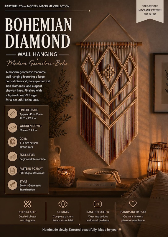 Bohemian Diamond Macrame Pattern PDF, Macrame Wall Hanging Tutorial, DIY Boho Wall Decor, Geometric Macrame Pattern, Digital Download