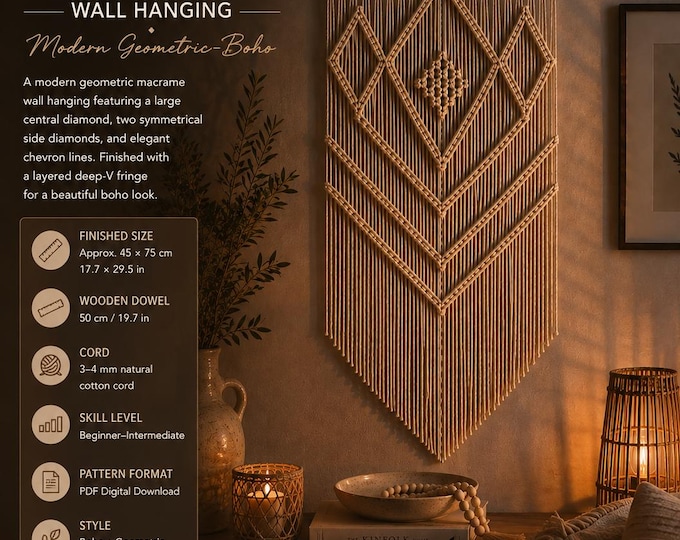 Bohemian Diamond Macrame Pattern PDF, Macrame Wall Hanging Tutorial, DIY Boho Wall Decor, Geometric Macrame Pattern, Digital Download