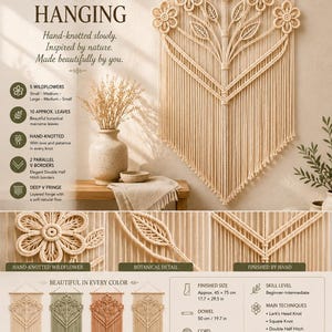 May include: A macrame wall hanging featuring five hand-knotted wildflowers and ten leaves on a wooden dowel. The design includes parallel V-borders and a deep V-fringe. Text includes BabyPurl Co Modern Macrame Collection and Wildflower Macrame Hanging.