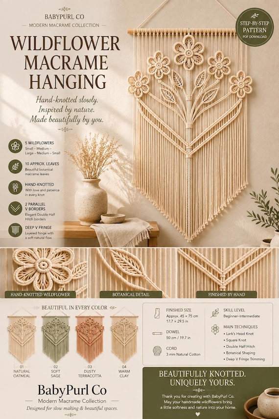 Wildflower Macrame Pattern PDF, Floral Macrame Wall Hanging Tutorial, Botanical Wall Decor Pattern, DIY Macrame Flower Pattern