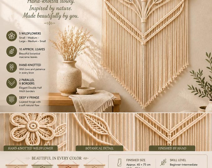 Wildflower Macrame Pattern PDF, Floral Macrame Wall Hanging Tutorial, Botanical Wall Decor Pattern, DIY Macrame Flower Pattern