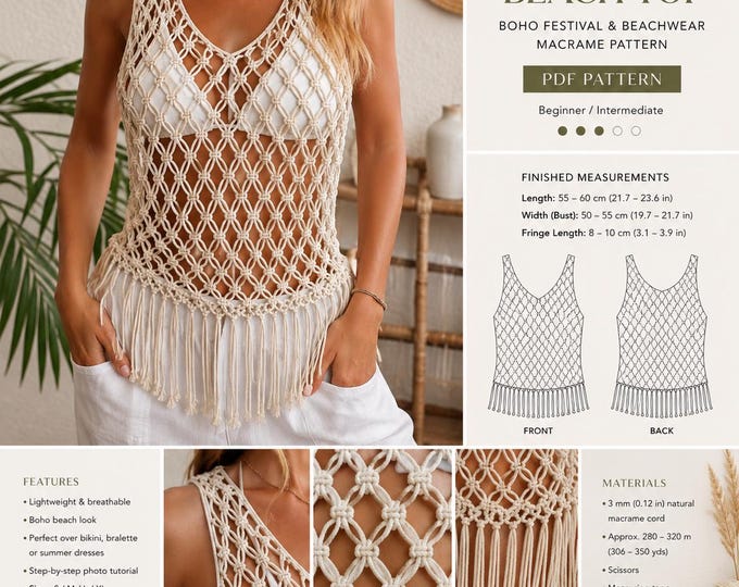 Macrame Mesh Top Pattern PDF, Boho Beach Top, Festival Clothing Pattern, DIY Macrame Top, Summer Beachwear Tutorial