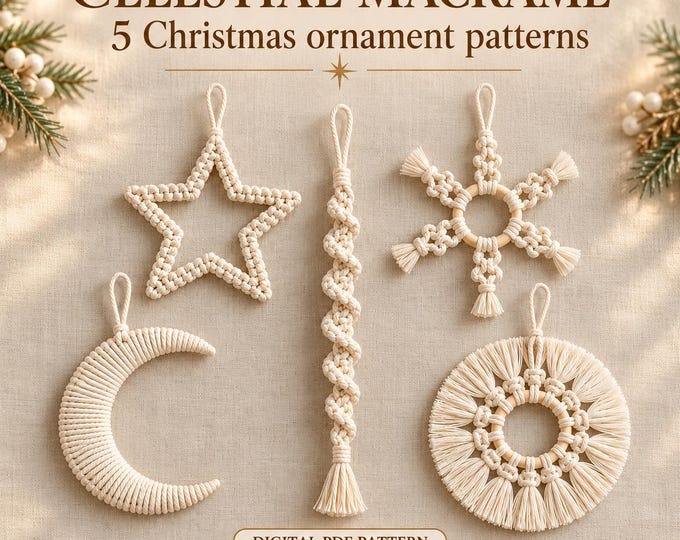 Celestial Macrame Christmas Ornament Patterns PDF, 5 Designs: Star, Snowflake, Crescent Moon, Sunburst and Spiral Icicle