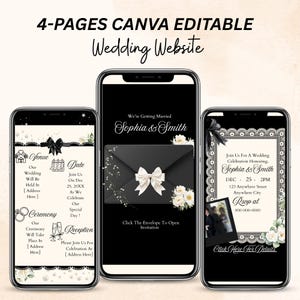 Könnte beinhalten: Drei Smartphones zeigen eine bearbeitbare 4-seitige Hochzeits-Website-Vorlage. Die Bildschirme zeigen schwarz-weiße Designs mit Blumenakzenten, einen schwarzen Umschlag mit weißer Schleife und Text, einschließlich "Sophia & Smith" und "We're Getting Married."