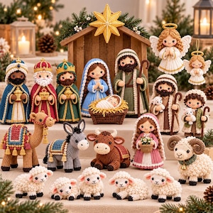 Könnte beinhalten: Eine Sammlung gehäkelter Krippenfiguren, darunter die heilige Familie, die drei Weisen, Engel, ein Kamel, ein Esel, eine Kuh und mehrere Schafe. Die Figuren sind mit detaillierten Texturen und Farben gefertigt und vor einem Holzstall platziert.