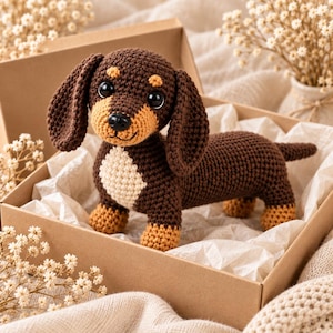 Puede incluir: Un juguete de perro salchicha tejido a ganchillo con hilo marrón oscuro, con hocico color canela, patas color canela y una mancha color crema en el pecho. El peluche tiene grandes ojos negros de plástico, nariz negra y orejas largas y caídas.