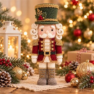 Schema per lo Schiaccianoci all'uncinetto, Soldatino con cappello di agrifoglio in PDF, Bambola decorativa natalizia amigurumi