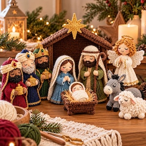 May include: A crochet nativity set featuring figures of Mary, Joseph, baby Jesus in a manger, three wise men, an angel, a donkey, and a sheep. The scene is housed under a brown crocheted stable structure topped with a yellow crocheted star.