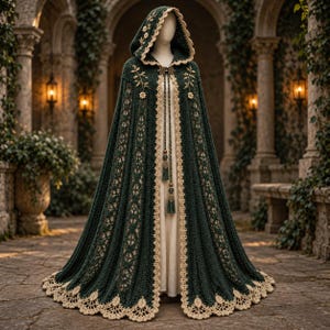 May include: A floor-length dark green crochet hooded cloak featuring intricate openwork patterns, cream-colored scalloped lace trim along the edges, and floral embroidery on the hood. The garment includes a decorative clasp with long hanging tassels.