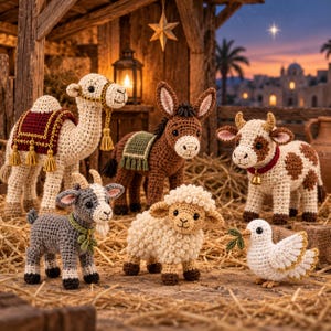 Virkmönsterpaket med djur i julkrubban, Amigurumi-juldisplay (digital PDF)