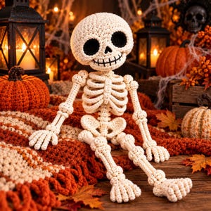 May include: A crocheted skeleton figure made of off-white yarn with large, deep-set black eye sockets and a stitched black mouth. The figure features a detailed rib cage, articulated limbs, and a rounded skull, sitting upright with a textured appearance.