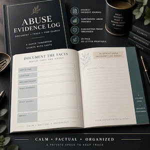 以下が含まれることがあります： 金色の文字が施された濃紺の「Abuse Evidence Log」ジャーナル。日付、時間、場所、目撃者、出来事、引用、影響を記録する欄がある開いたページが表示されています。メモ欄と20ページのインシデントログページが含まれています。