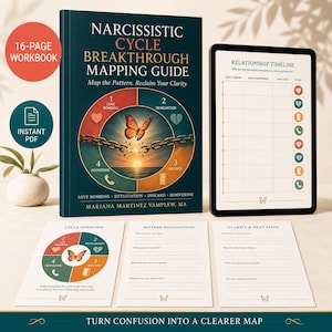 Puede incluir: Un libro de trabajo de 16 páginas titulado Narcissistic Cycle Breakthrough Mapping Guide de Mariana Martinez Vamplew, MA, con un diagrama circular que muestra una mariposa y cadenas rotas. Incluye una tableta digital con una línea de tiempo y tres hojas de trabajo.