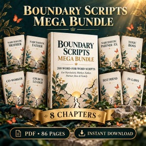 Könnte beinhalten: Ein digitales Produktbündel mit dem Titel Boundary Scripts Mega Bundle, bestehend aus einem zentralen Buch und acht kleineren Büchern mit den Titeln Narcissistic Mother, Father, Partner/Ex, Toxic Boss, Co-Worker, Church Leader, Best Friend und In-Laws, mit 86 Seiten.