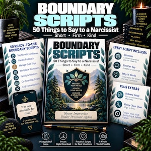 Pode incluir: Uma coleção de Boundary Scripts apresentando um livro central intitulado 50 Things to Say to a Narcissist, cercado por cartões informativos, um smartphone exibindo um script e uma caneta, focados em estabelecer limites e autocuidado.