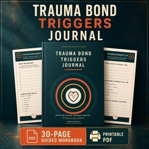 May include: A 30-page guided workbook titled Trauma Bond Triggers Journal with a dark teal cover featuring concentric circles in orange, yellow, and white around a heart icon. The journal is displayed with two open pages showing trigger awareness and interrupt plan templates.
