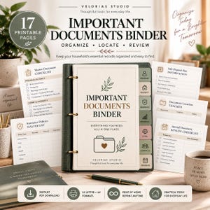 Puede incluir: Una carpeta titulada Important Documents Binder con cubierta crema, lomo verde oscuro y anillas doradas. Incluye 17 páginas imprimibles como una lista de verificación, pólizas de seguro y un rastreador de documentos con iconos.