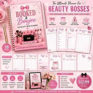 May include: A spiral-bound planner titled Booked & Boujee The Beauty Boss Planner with a pink theme. It includes pages for monthly, weekly, and daily scheduling, appointment tracking, income, expense, profit, and savings logs, plus social media planning.