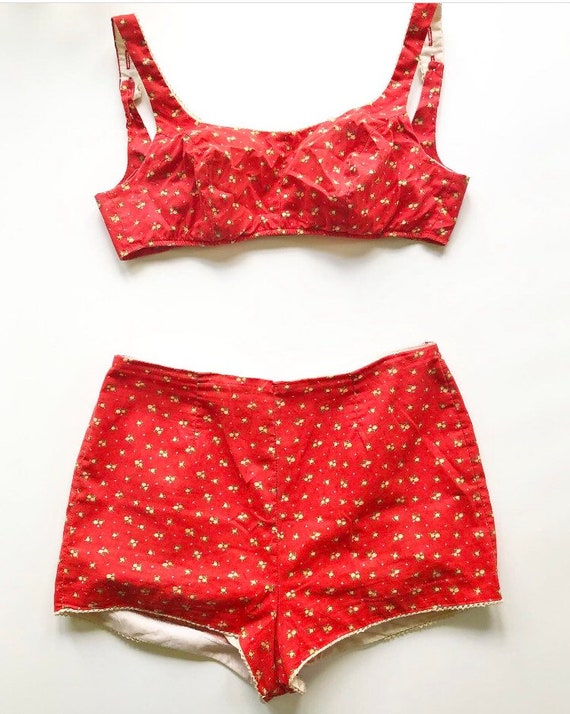 Vintage 1960s Bikini | 60s Red Floral Cotton Plays