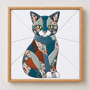 May include: A square framed wall art piece featuring a geometric cat illustration. The cat is composed of segmented panels in shades of teal, light blue, and rust brown, with some sections displaying a floral pattern of small white and orange flowers.