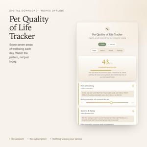 May include: A digital Pet Quality of Life Tracker interface displayed on a screen. The layout features a score of 43/70, tabs for Today, History, Trends, and Settings, and sections for Pain & Breathing and Appetite & Eating with sliders.