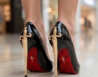 Black Stiletto Heels for Women, Thin High Heel Slip-On Shoes, Red & Gold Heeled Shoes, Party Heels, Going Out Heels, Evening Stiletto Heels