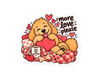 Más amor, por favor. Pegatinas de perros Goldendoodle.