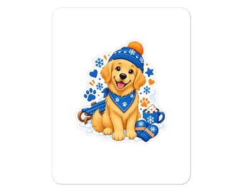 Pegatinas de vinilo troqueladas con diseño de Golden Retriever en invierno